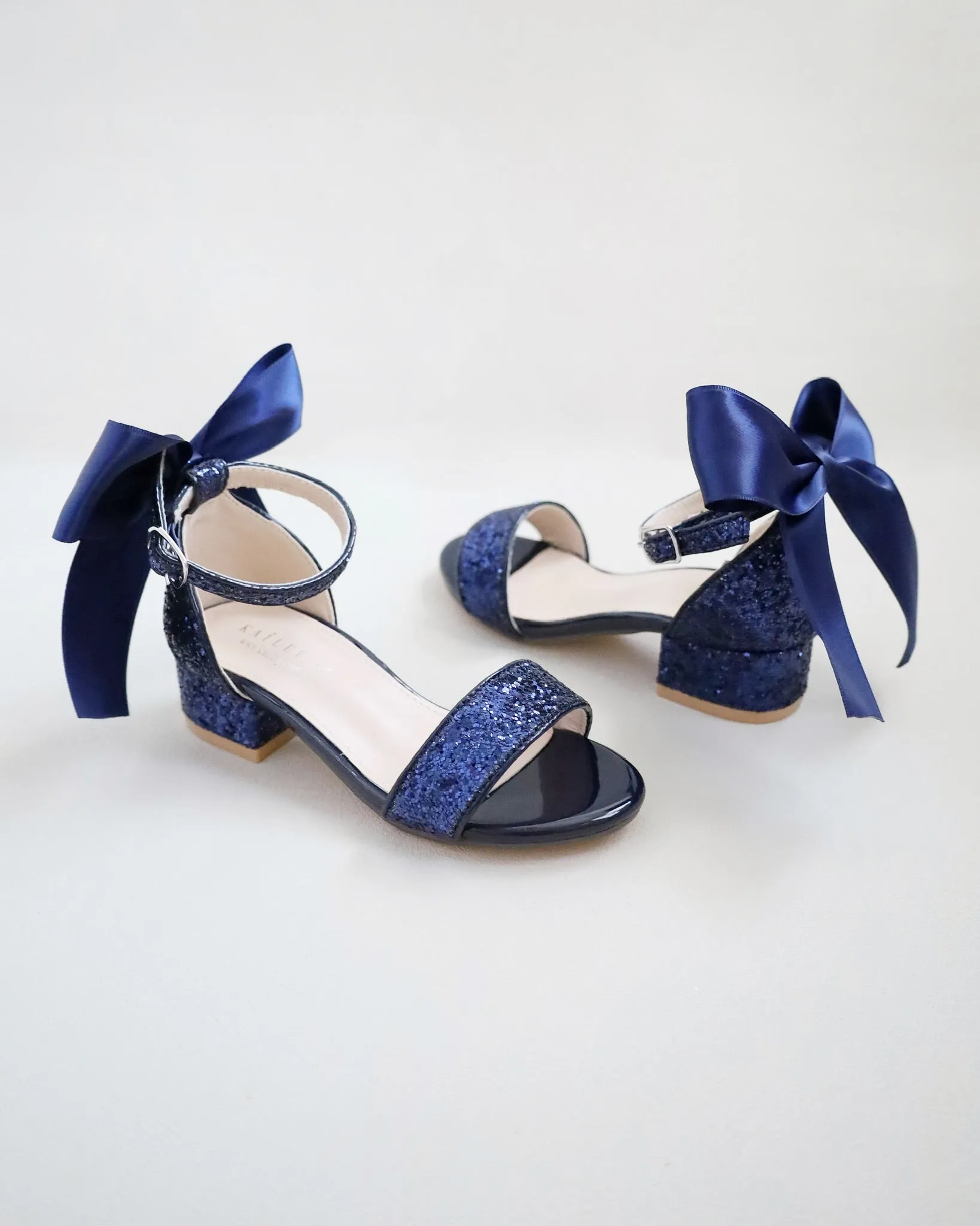 Rock Glitter Low Block Heel Girls Sandals with Back Satin Bow