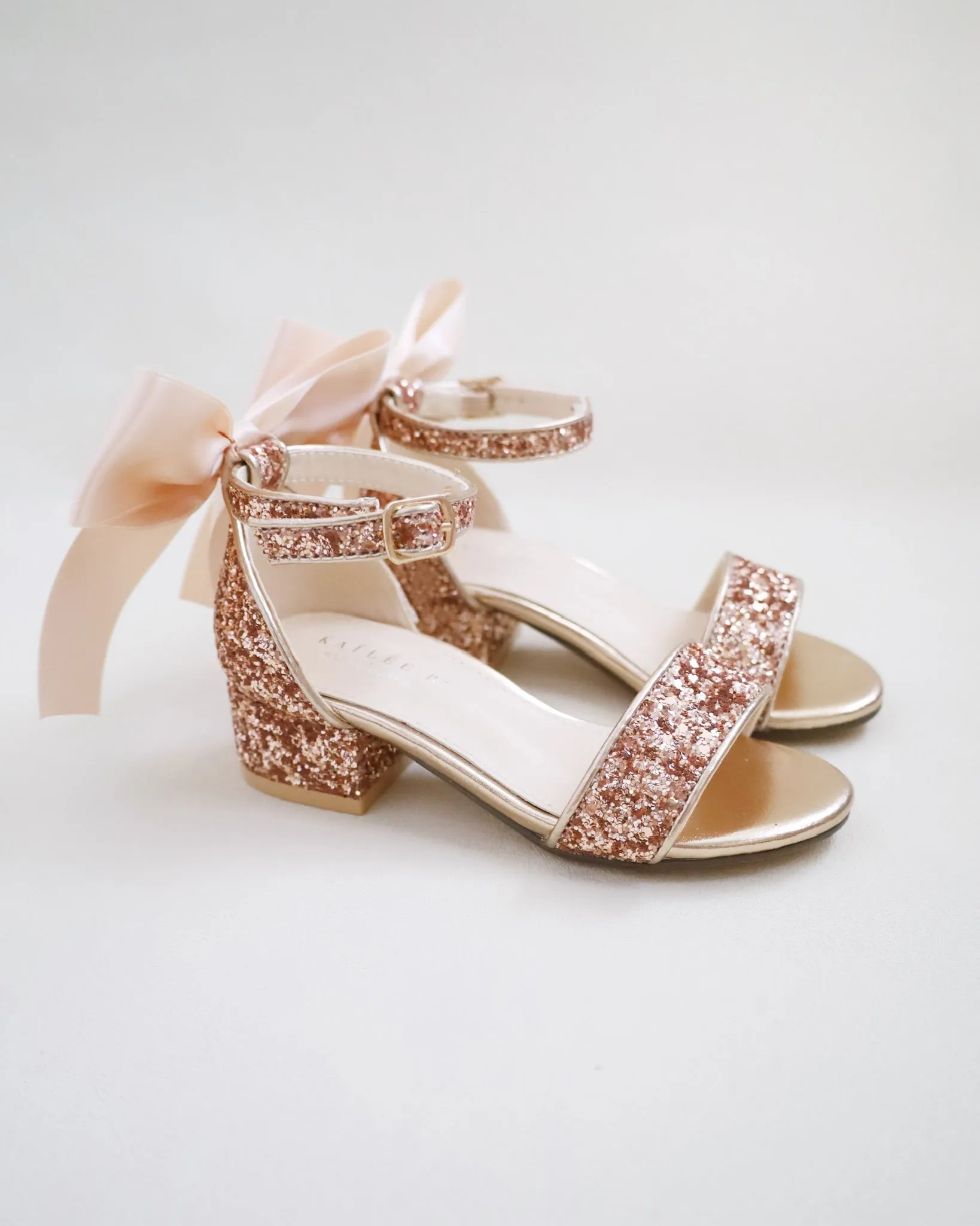 Rock Glitter Low Block Heel Girls Sandals with Back Satin Bow
