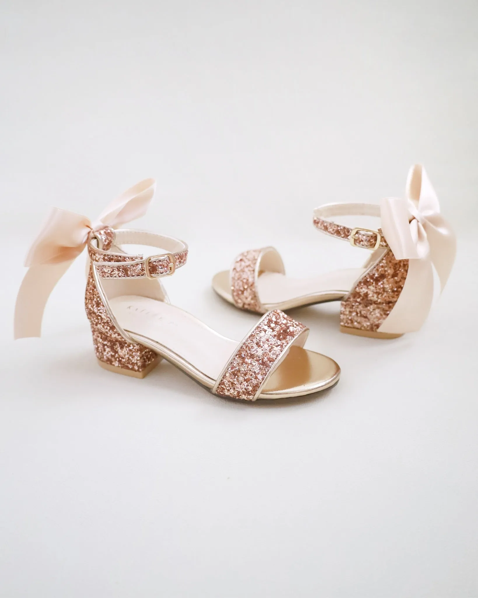 Rock Glitter Low Block Heel Girls Sandals with Back Satin Bow