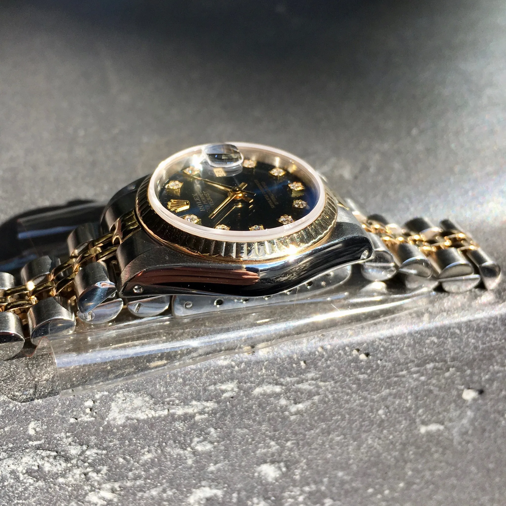 Rolex Ladies Datejust 69173 Two Tone Blue Diamond Dial Steel 18K Wristwatch