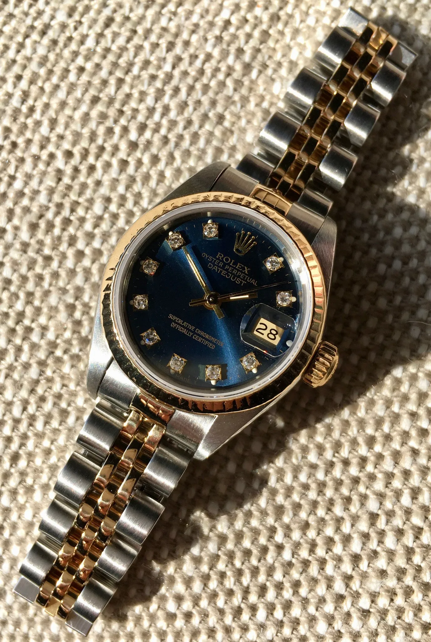 Rolex Ladies Datejust 69173 Two Tone Blue Diamond Dial Steel 18K Wristwatch