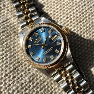 Rolex Ladies Datejust 69173 Two Tone Blue Diamond Dial Steel 18K Wristwatch