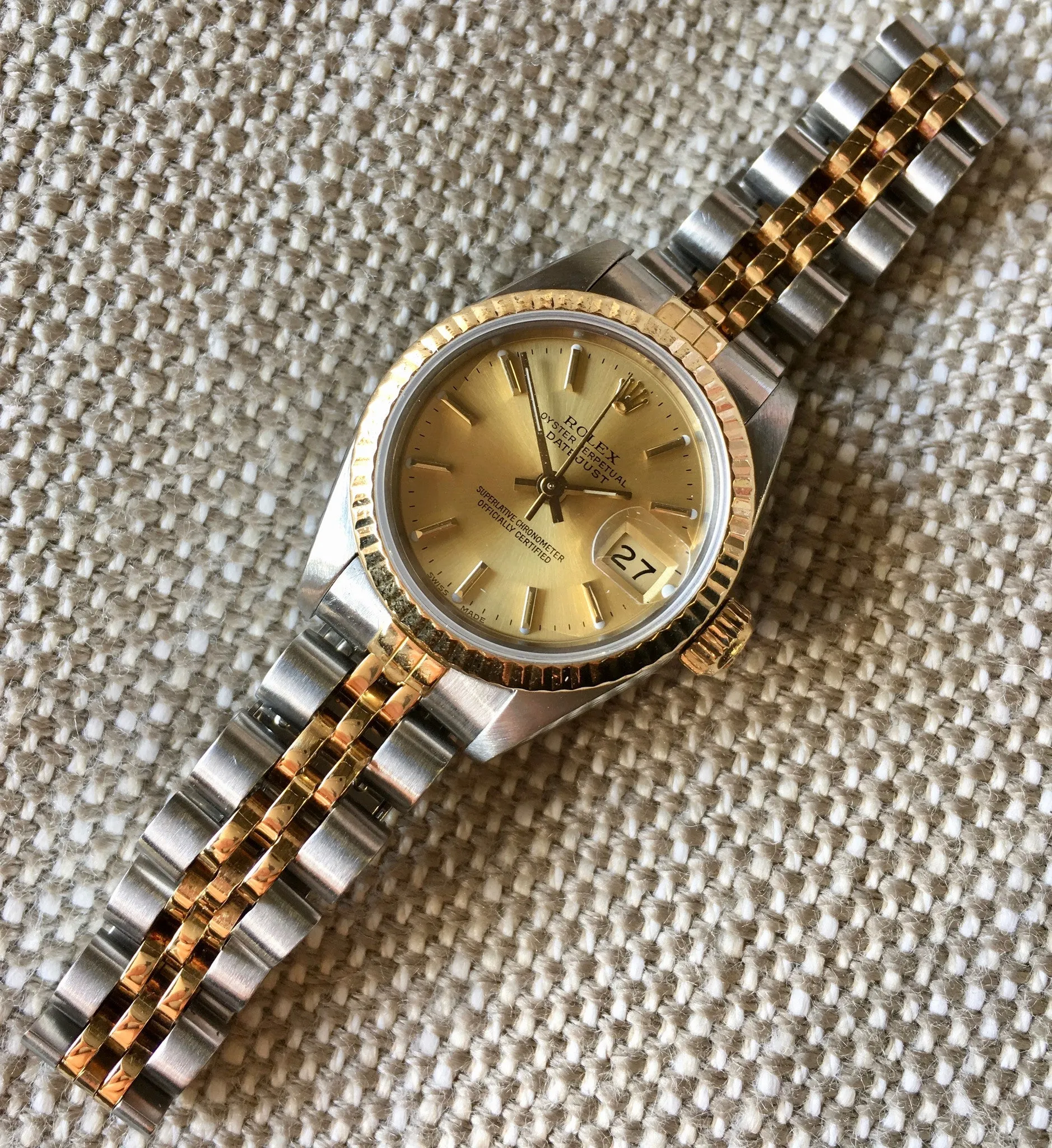 Rolex Ladies Datejust 69173 Two Tone Champagne Stick Dial Steel 18K Wristwatch