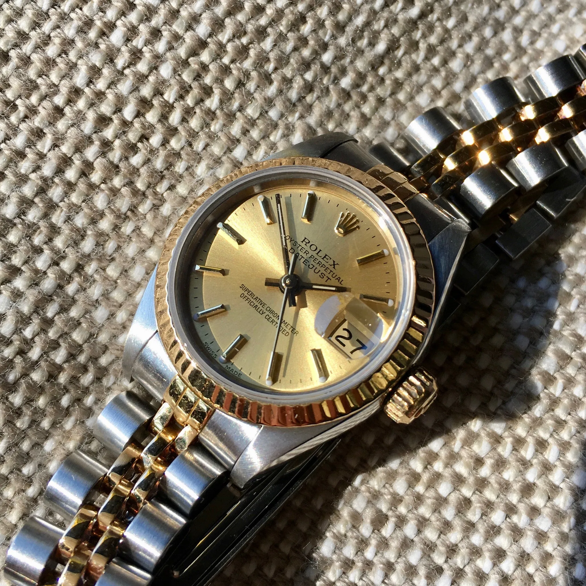 Rolex Ladies Datejust 69173 Two Tone Champagne Stick Dial Steel 18K Wristwatch