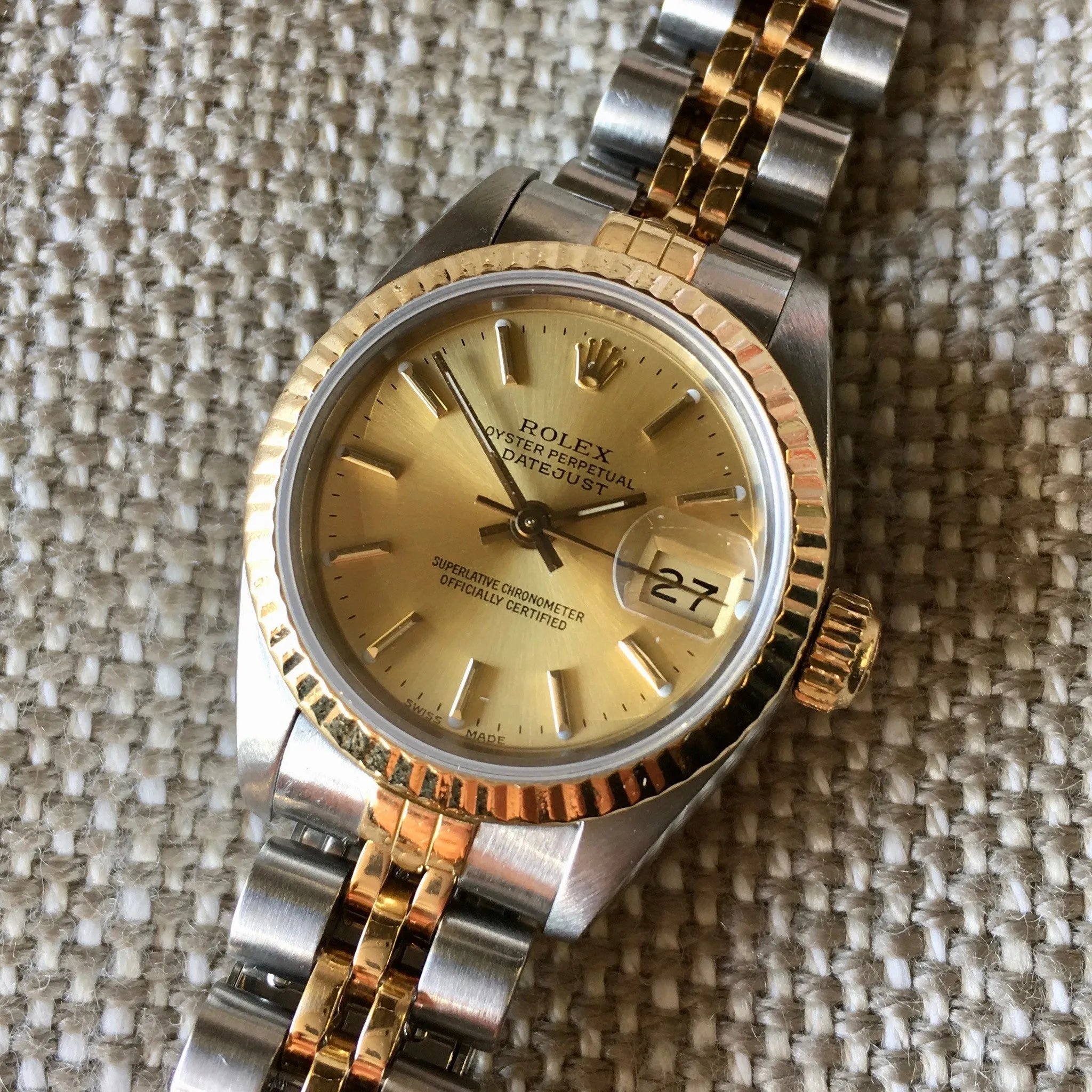 Rolex Ladies Datejust 69173 Two Tone Champagne Stick Dial Steel 18K Wristwatch