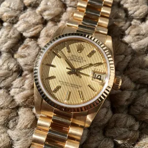 Rolex Ladies President 68278 Midsize Datejust 31mm 18K Yellow Gold Tapestry Champagne Wristwatch