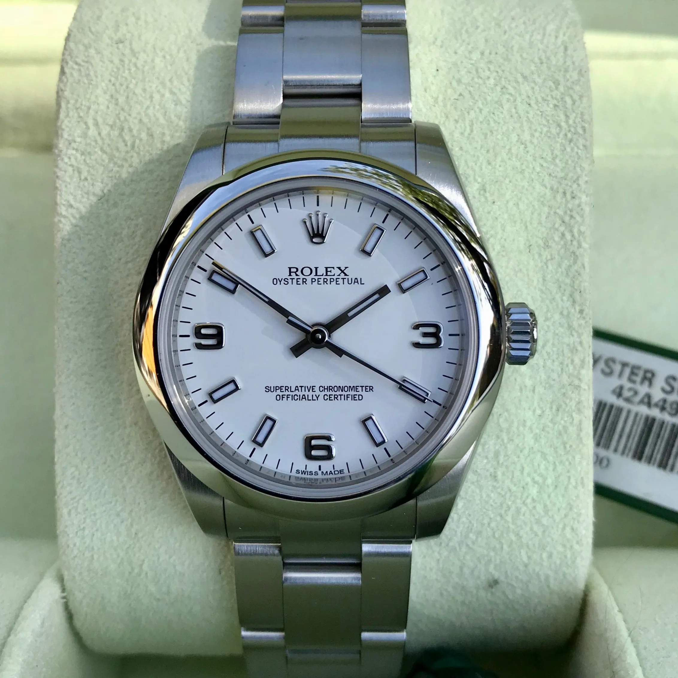 Rolex Oyster Perpetual 177200 White Arabic Numerals Stainless Steel Ladies Scrambled Serial Wristwatch