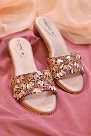 Rose Gold Poly Silk & Rexine Embroidered Heels