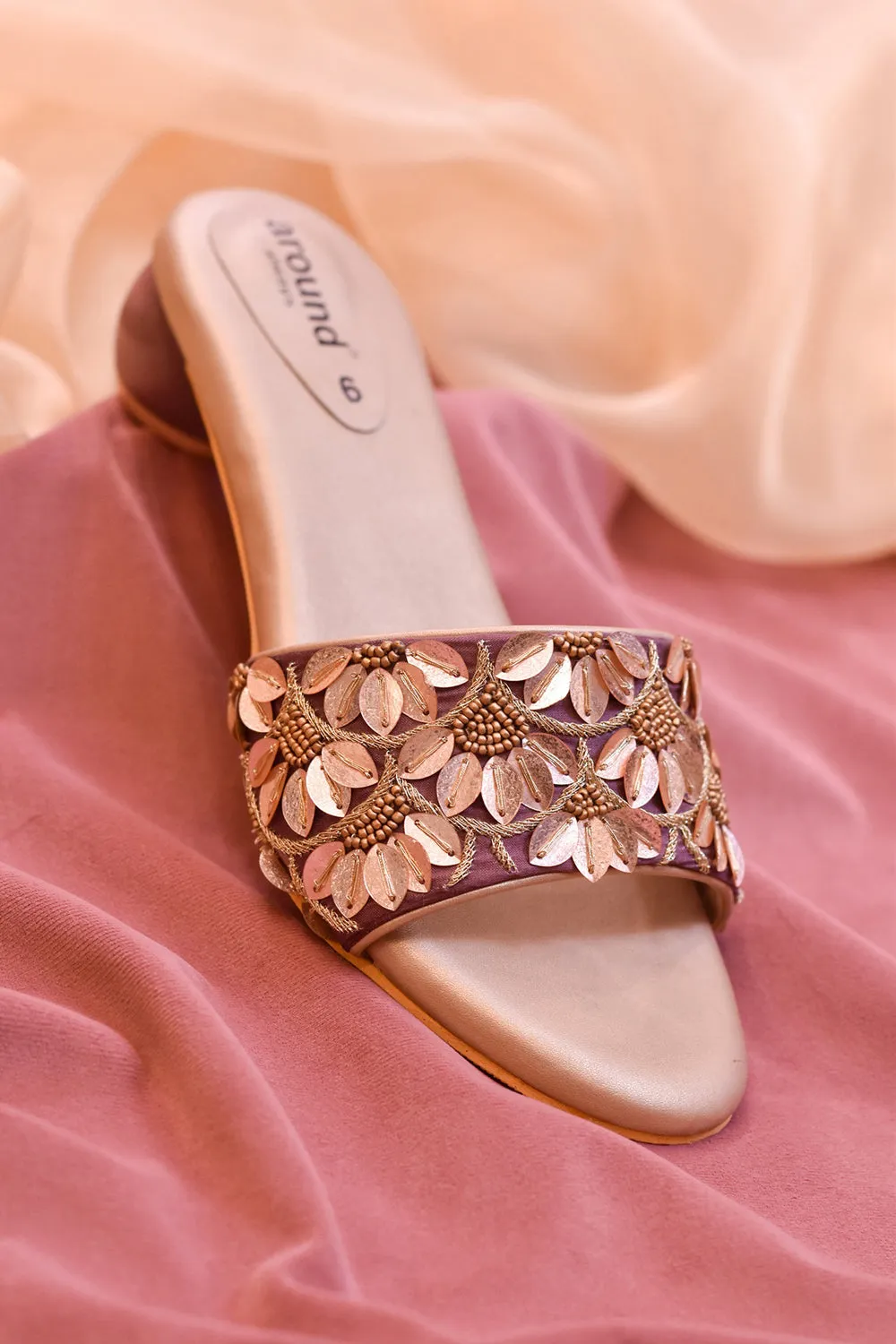 Rose Gold Poly Silk & Rexine Embroidered Heels