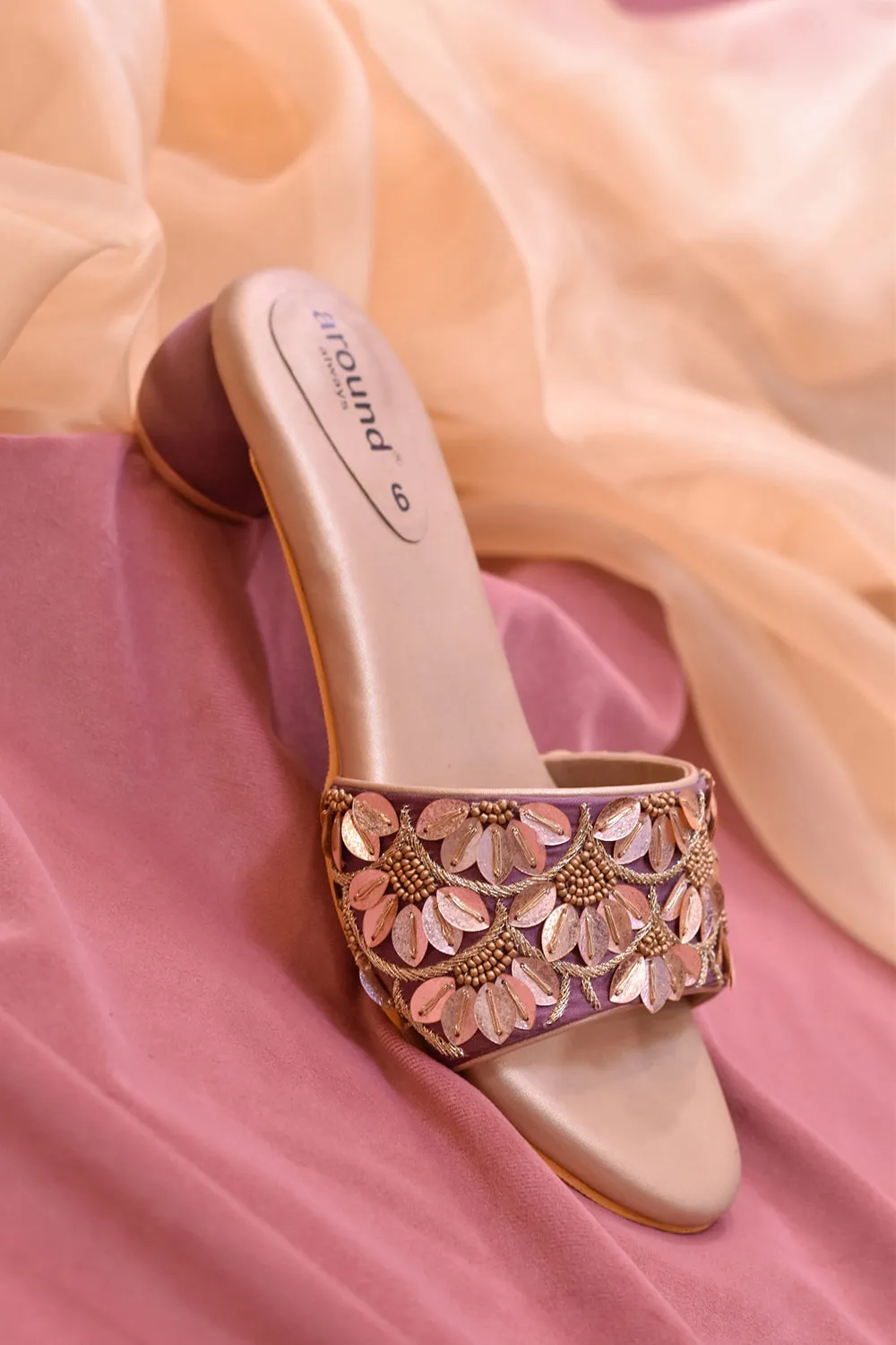 Rose Gold Poly Silk & Rexine Embroidered Heels