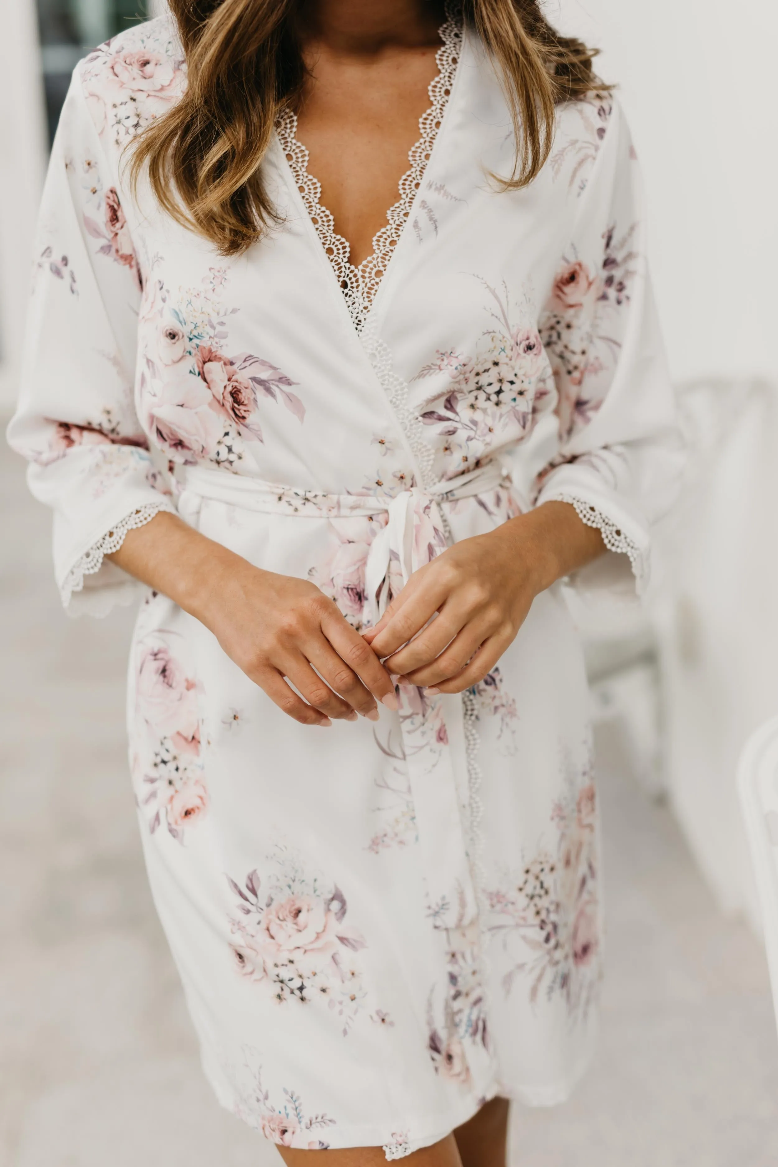 Rose Mist Floral Lace Trim Satin Robe