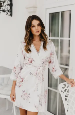 Rose Mist Floral Lace Trim Satin Robe