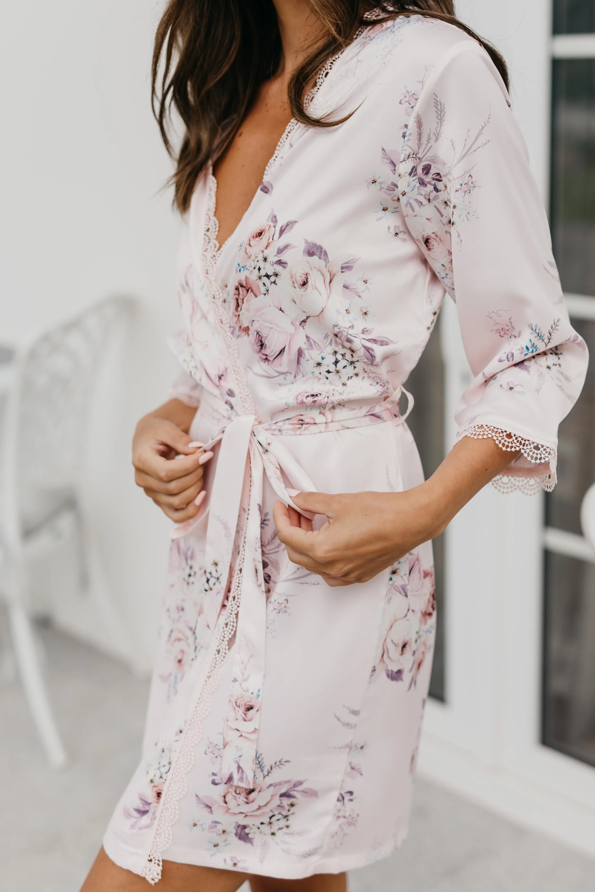 Rose Mist Floral Lace Trim Satin Robe