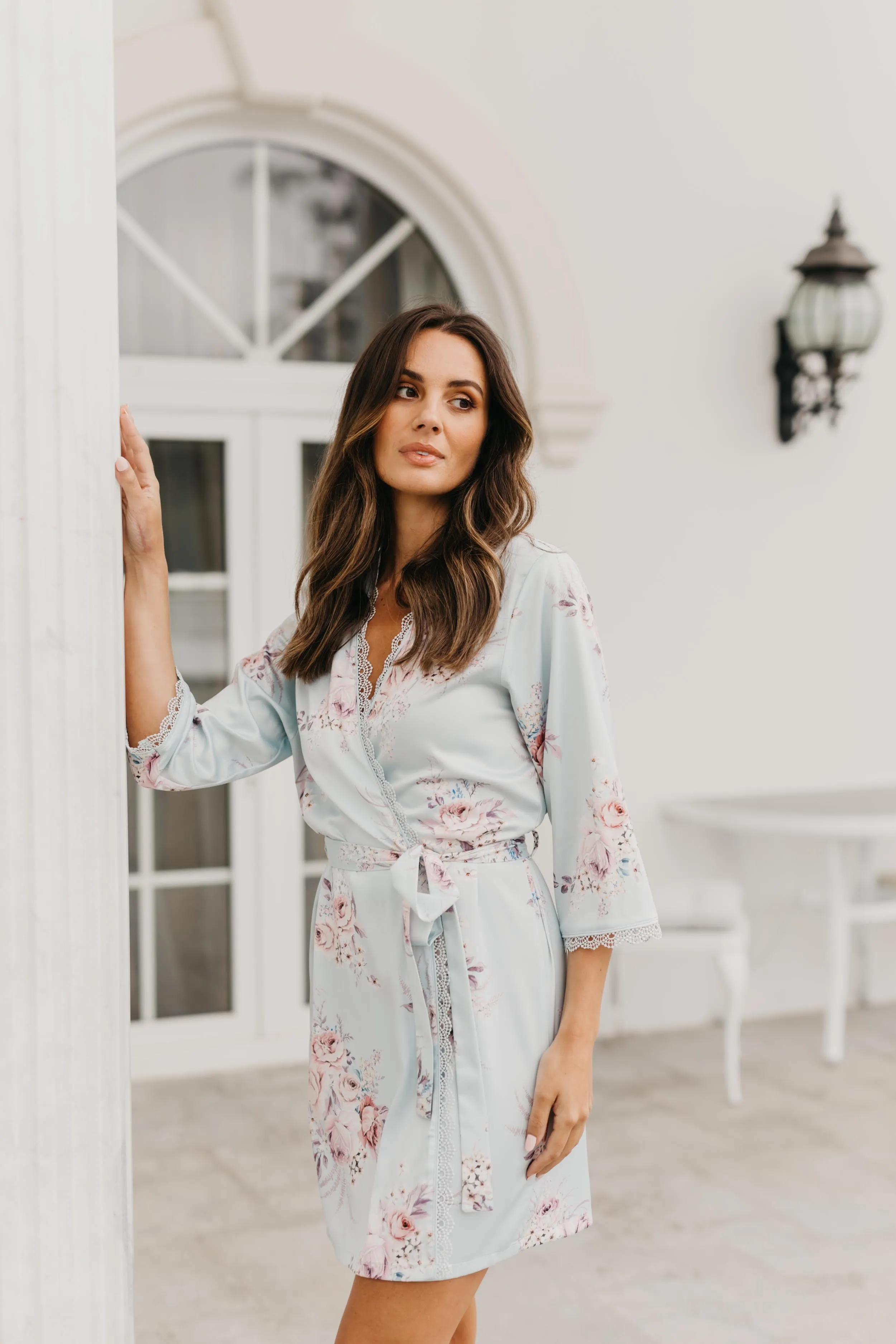 Rose Mist Floral Lace Trim Satin Robe