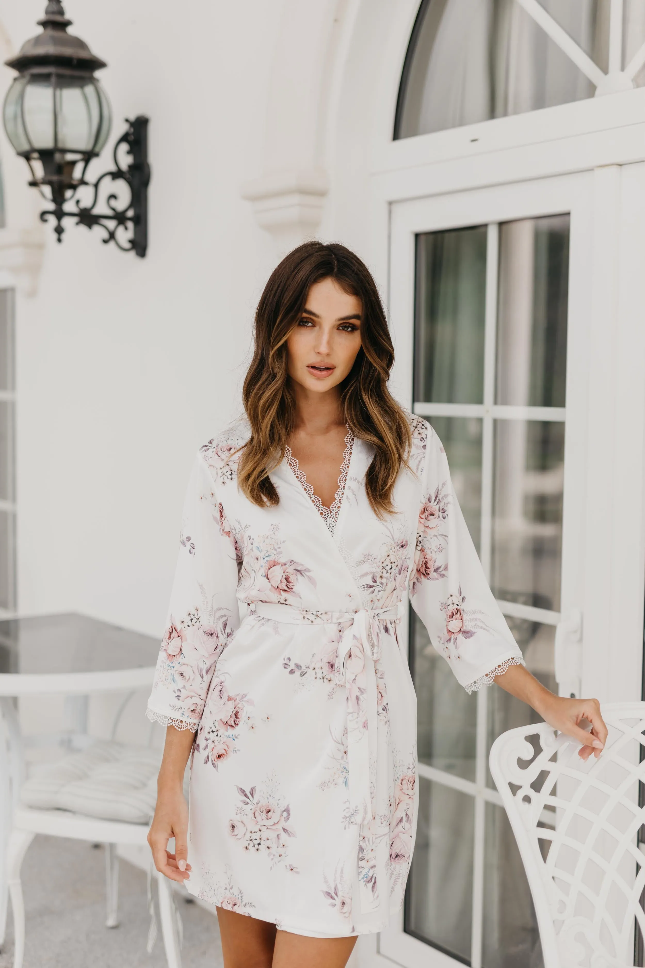 Rose Mist Floral Lace Trim Satin Robe