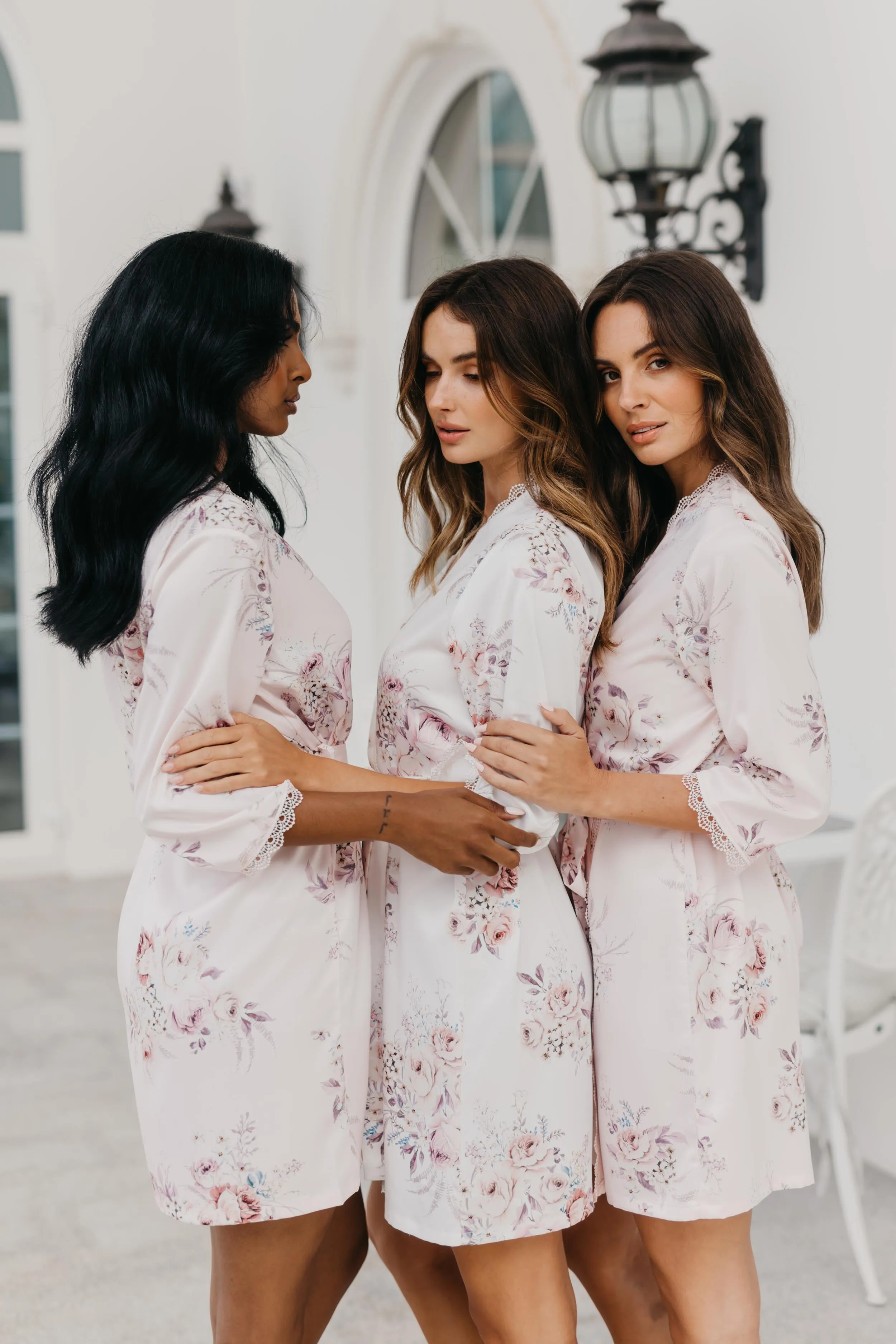 Rose Mist Floral Lace Trim Satin Robe