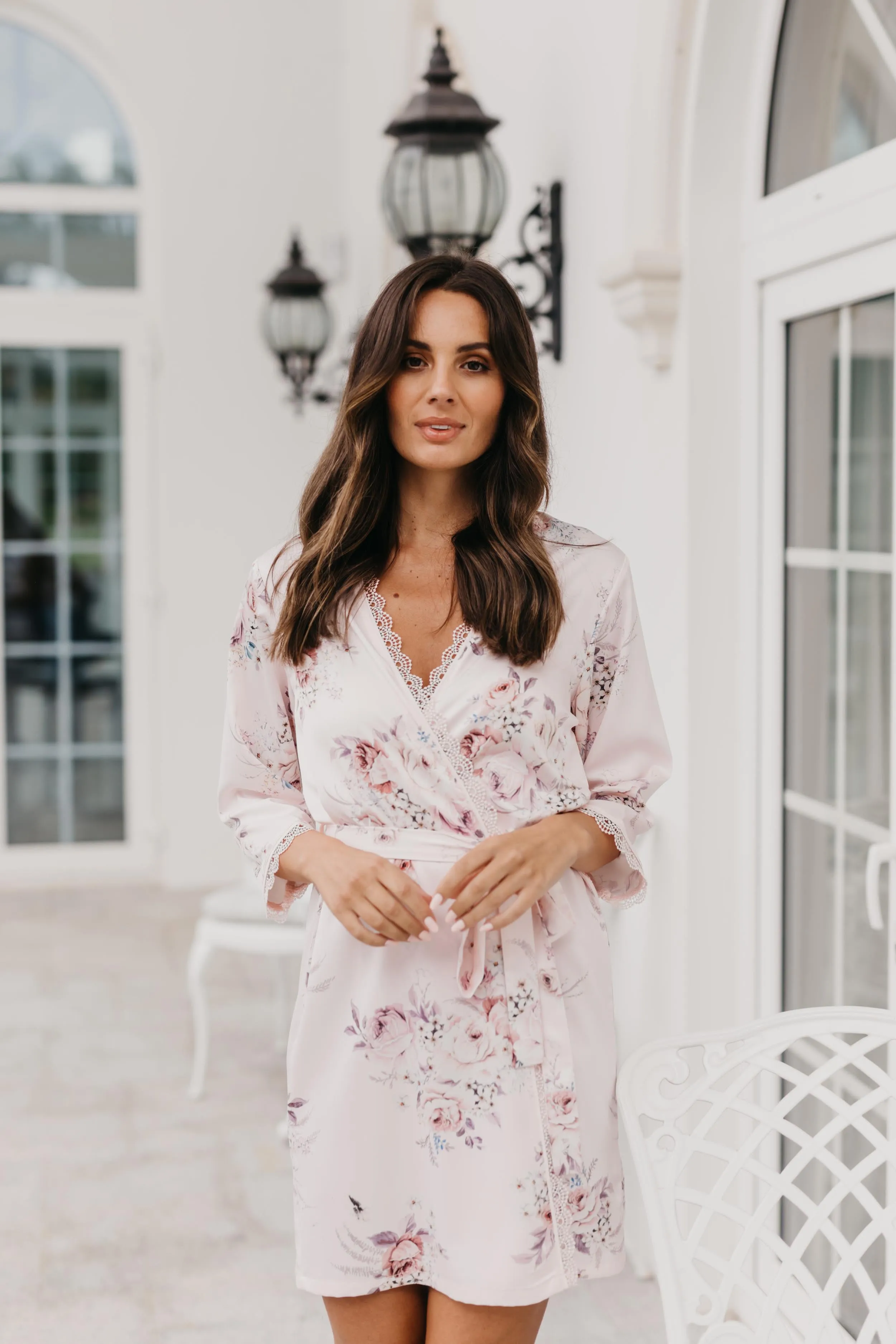 Rose Mist Floral Lace Trim Satin Robe