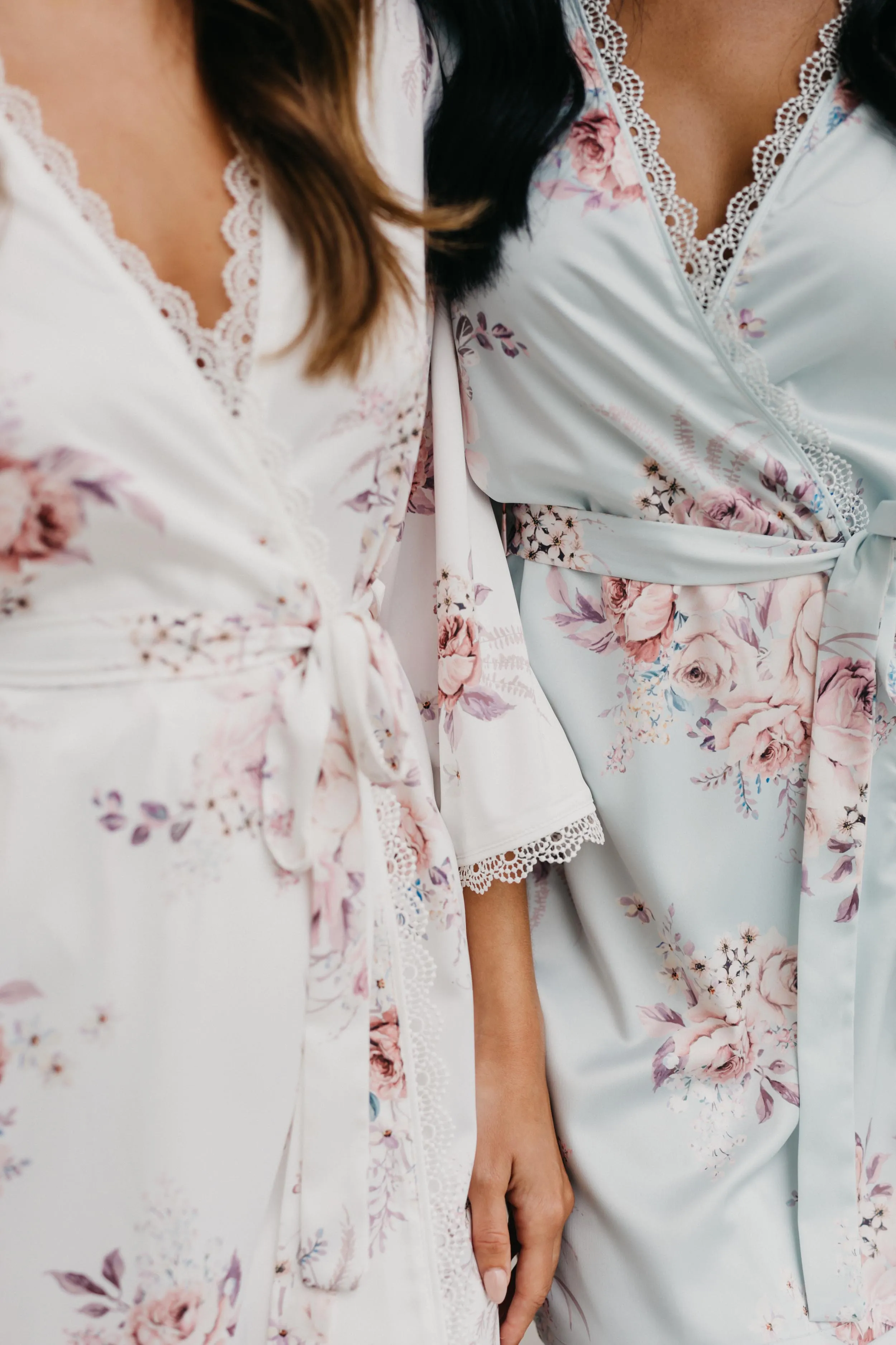 Rose Mist Floral Lace Trim Satin Robe