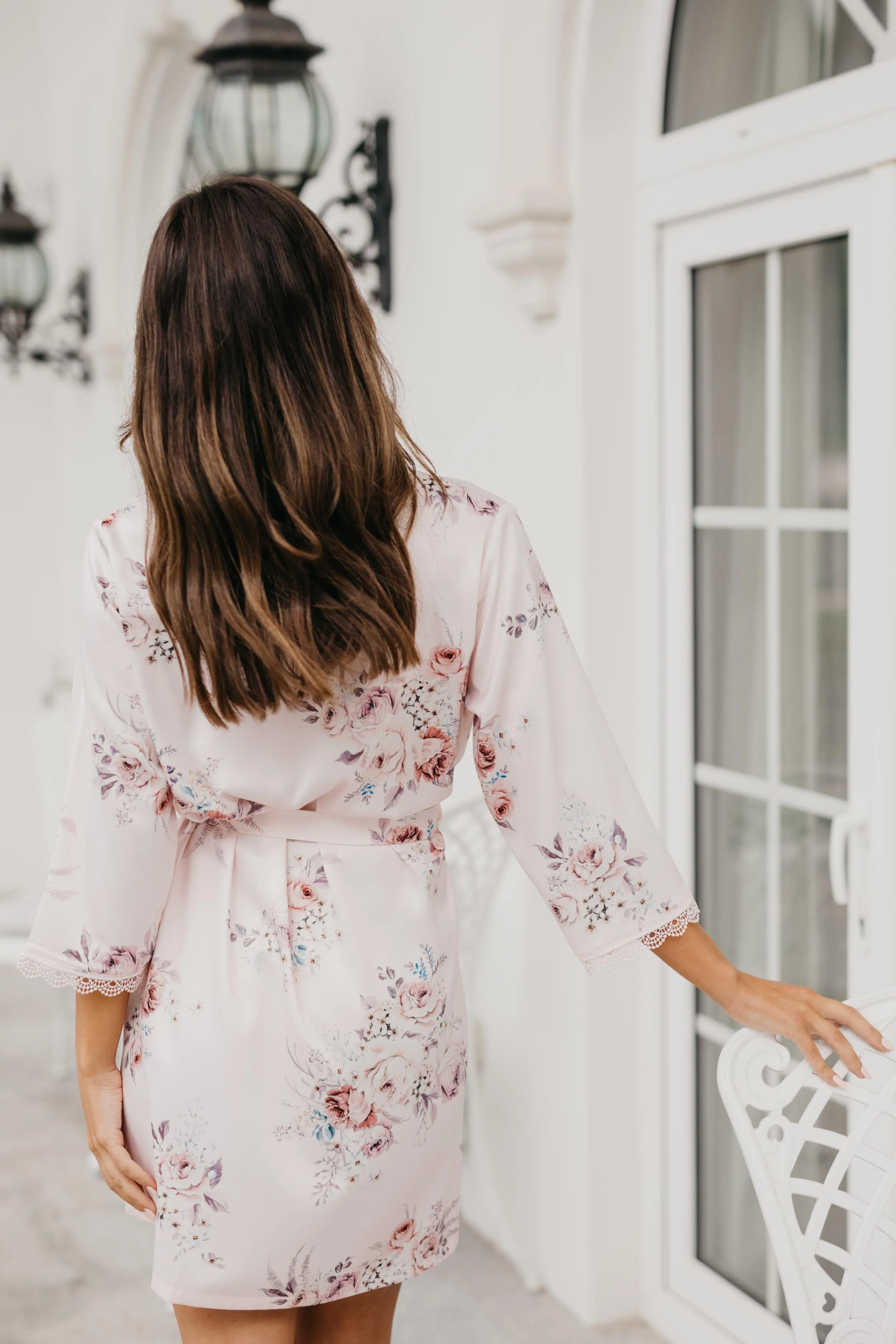 Rose Mist Floral Lace Trim Satin Robe