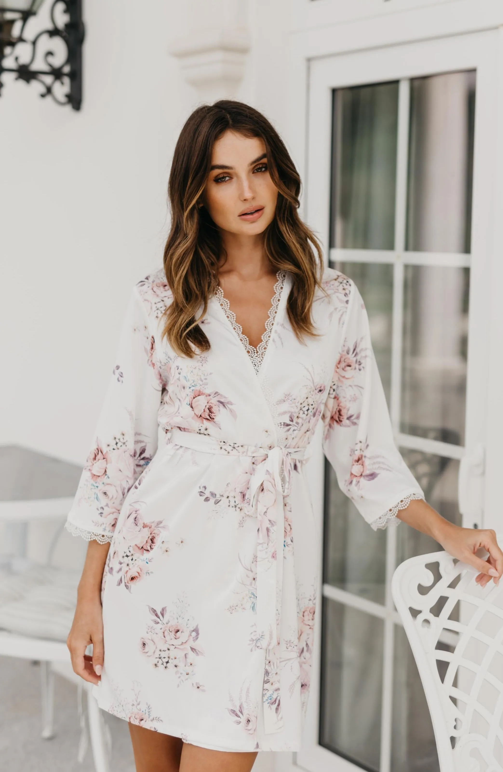 Rose Mist Floral Lace Trim Satin Robe