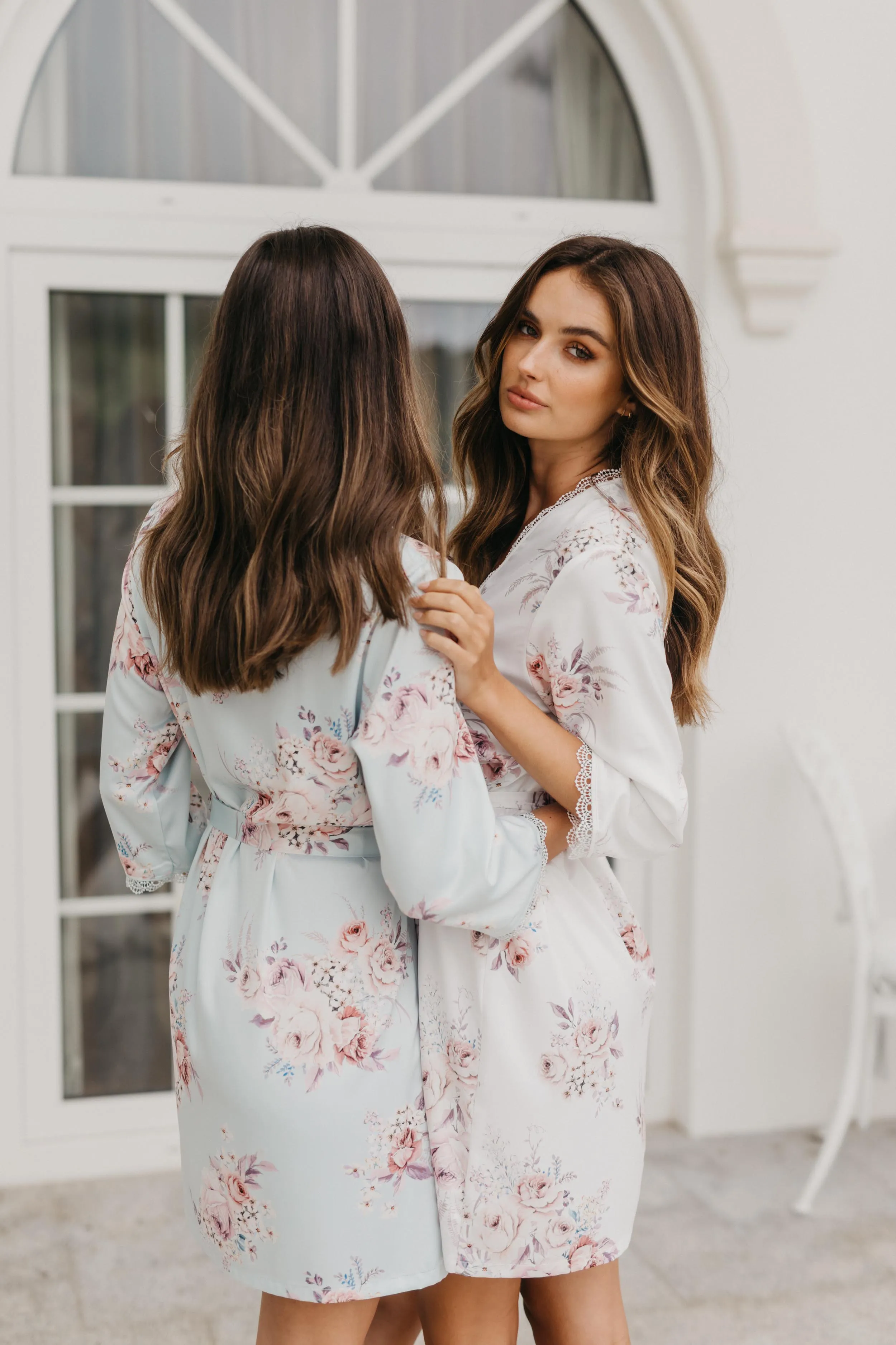 Rose Mist Floral Lace Trim Satin Robe