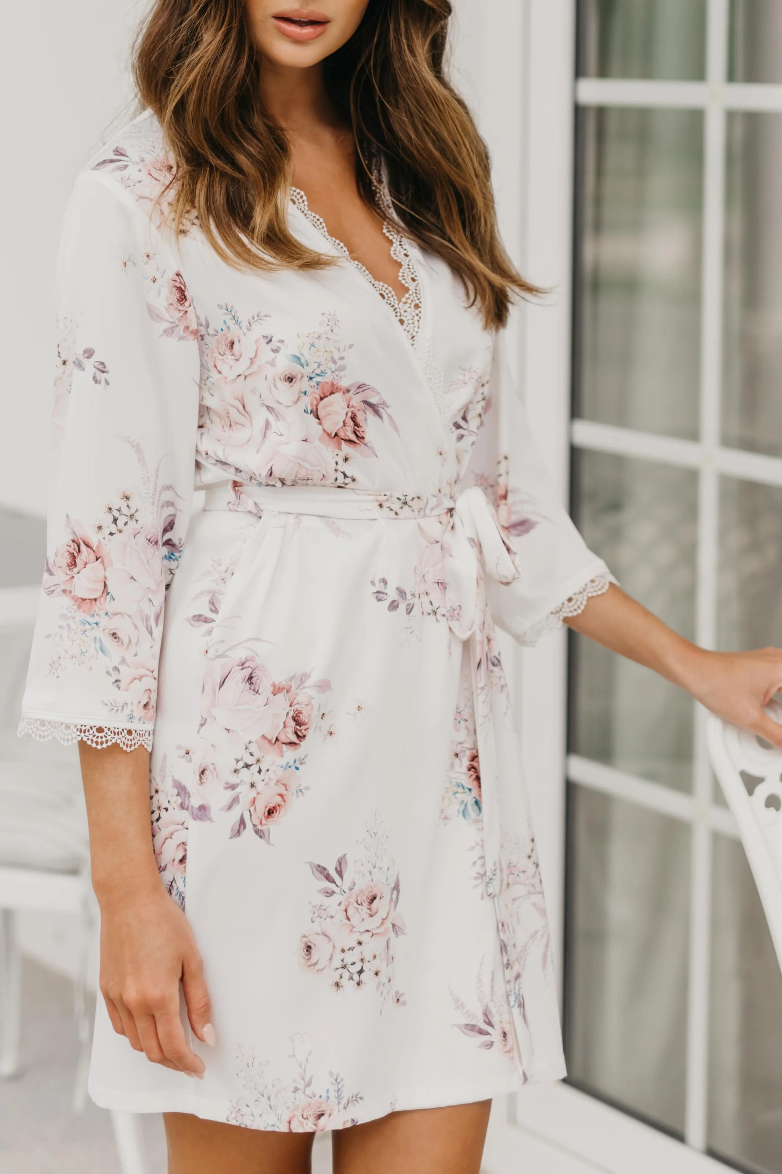 Rose Mist Floral Lace Trim Satin Robe