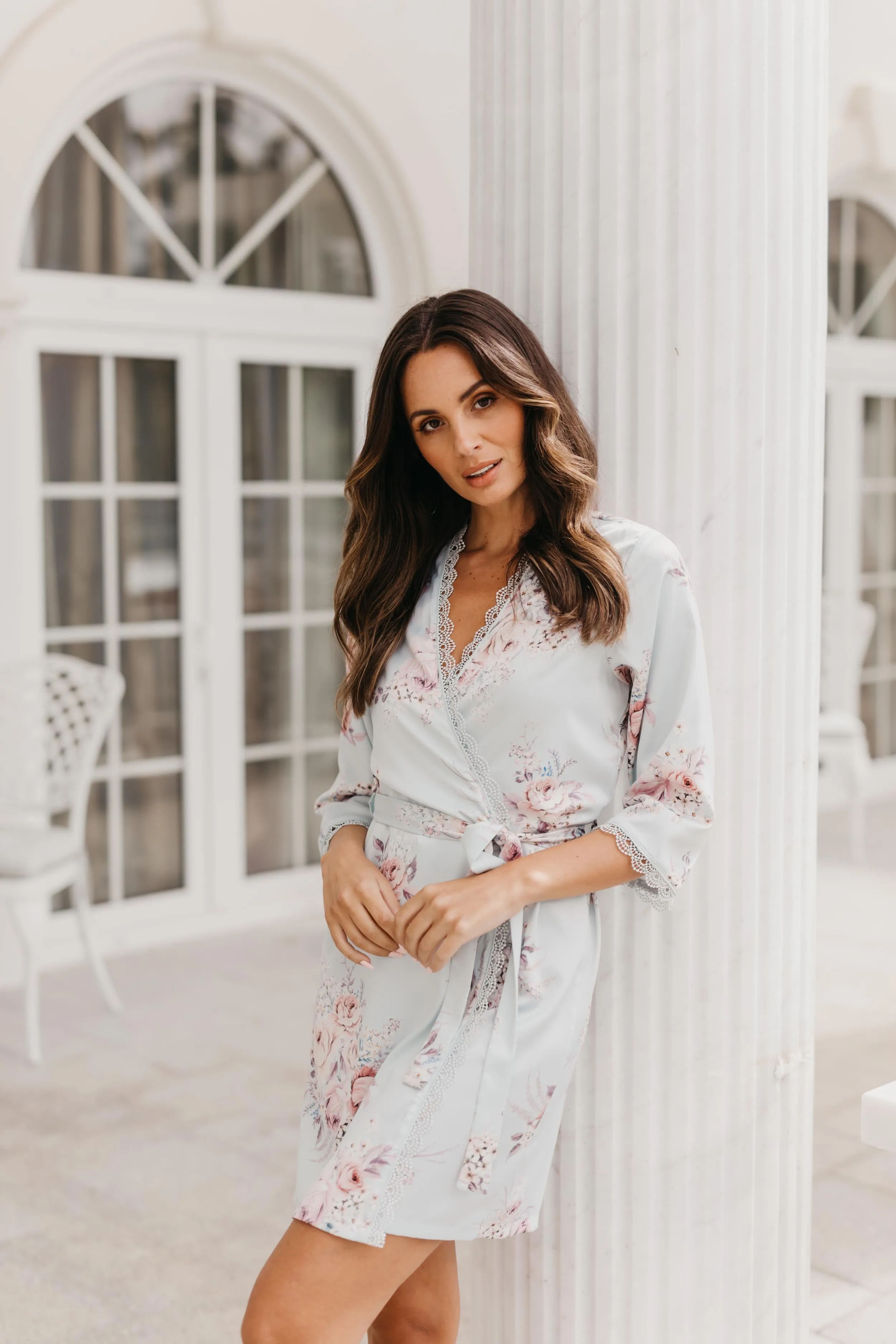 Rose Mist Floral Lace Trim Satin Robe