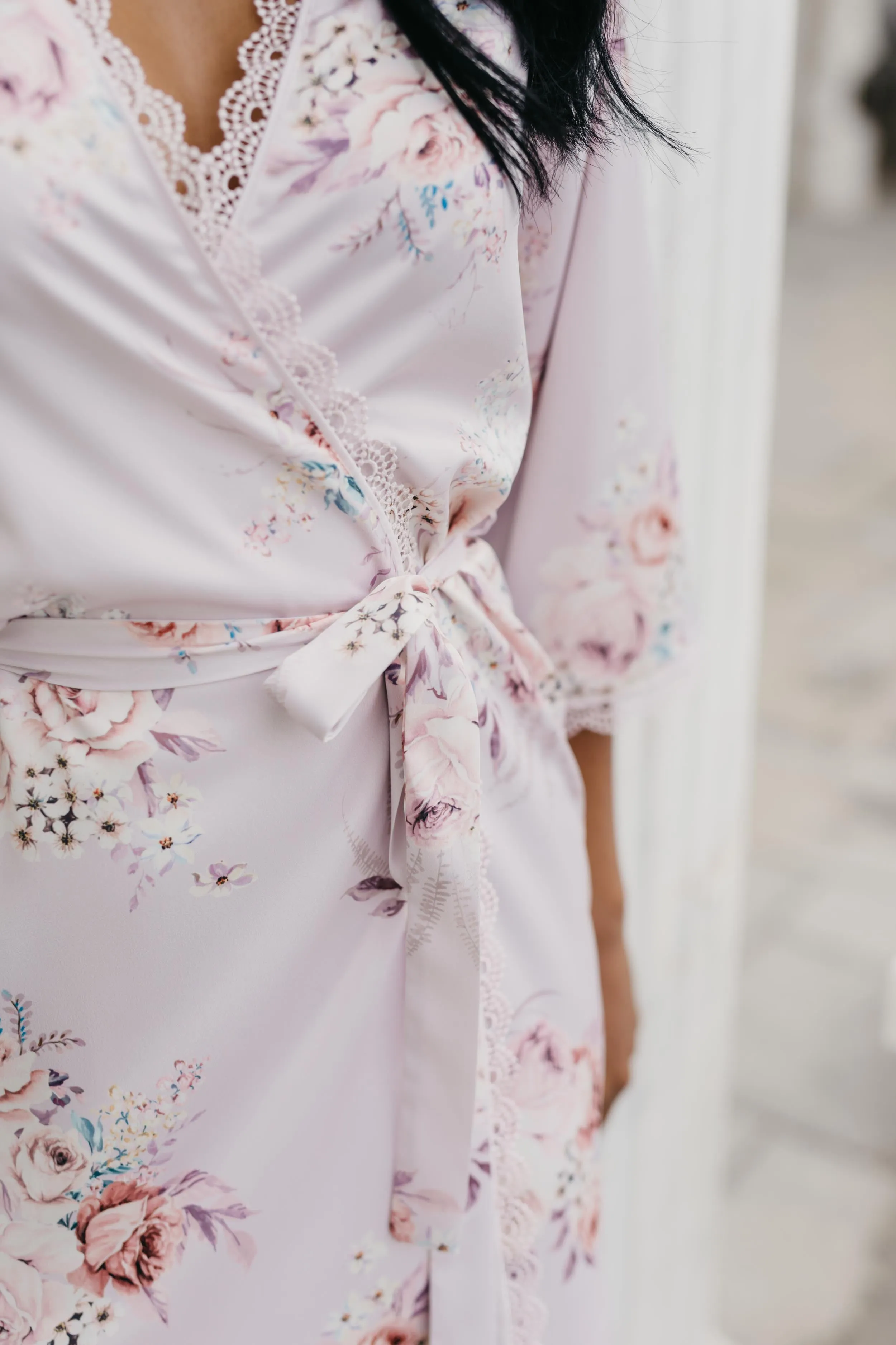 Rose Mist Floral Lace Trim Satin Robe