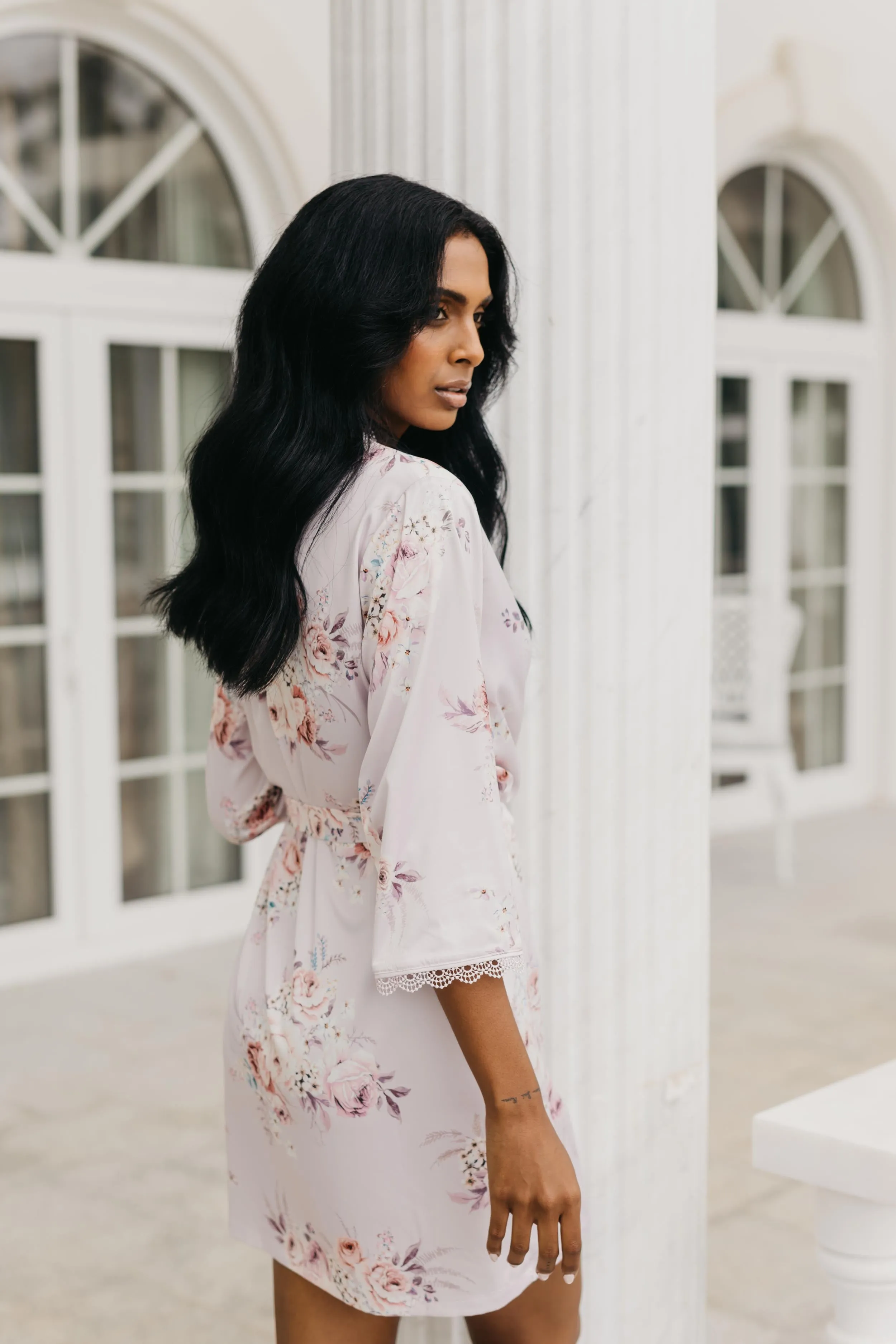 Rose Mist Floral Lace Trim Satin Robe