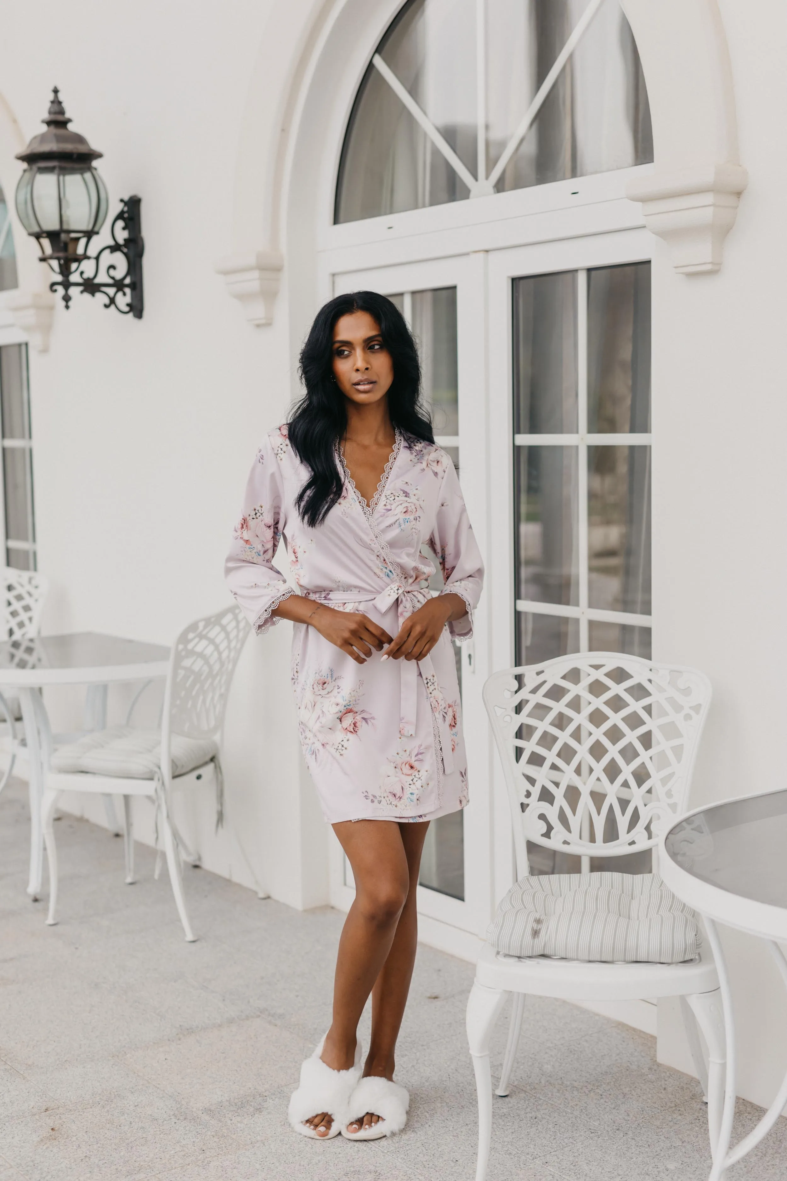 Rose Mist Floral Lace Trim Satin Robe