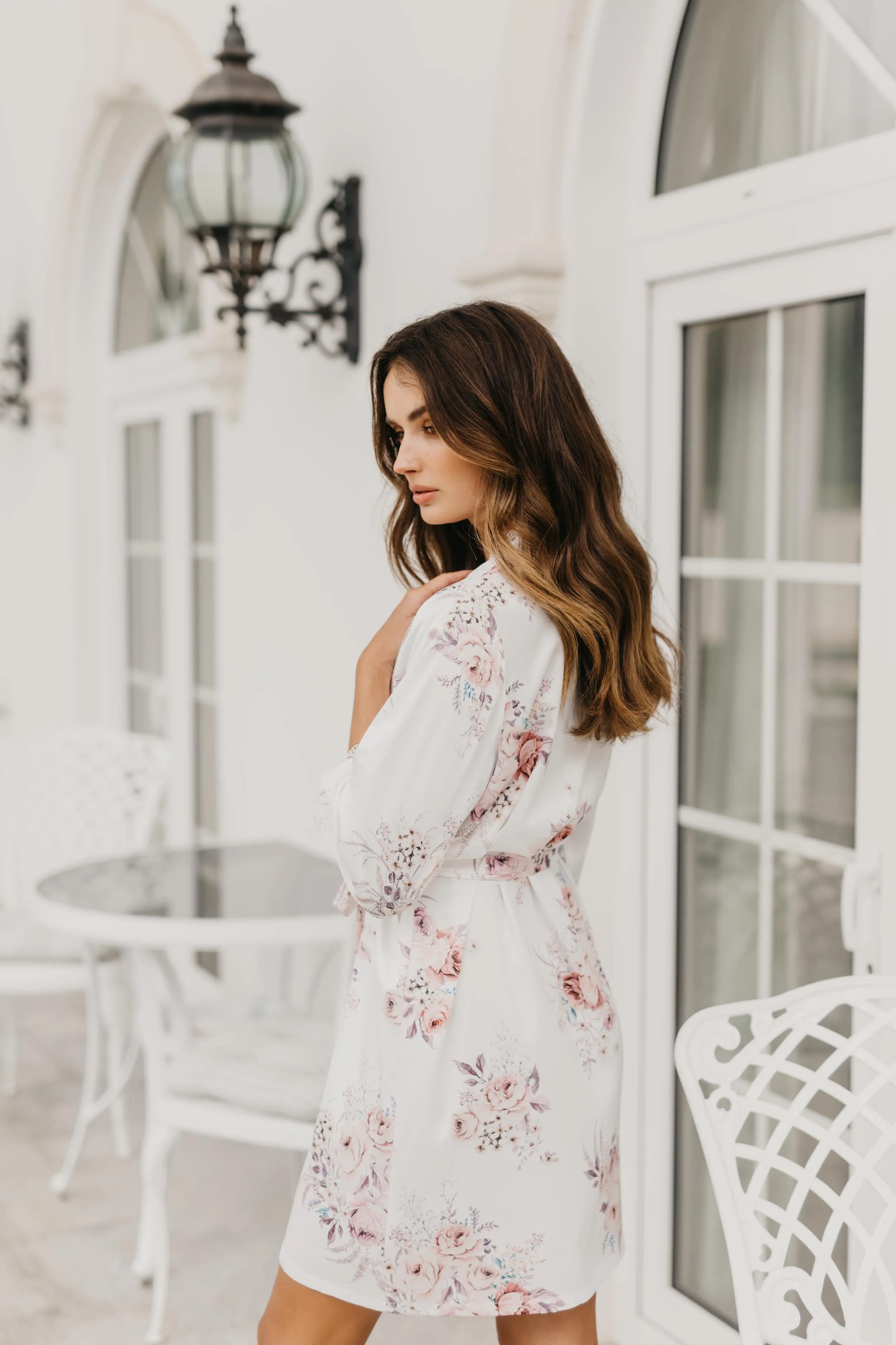 Rose Mist Floral Lace Trim Satin Robe