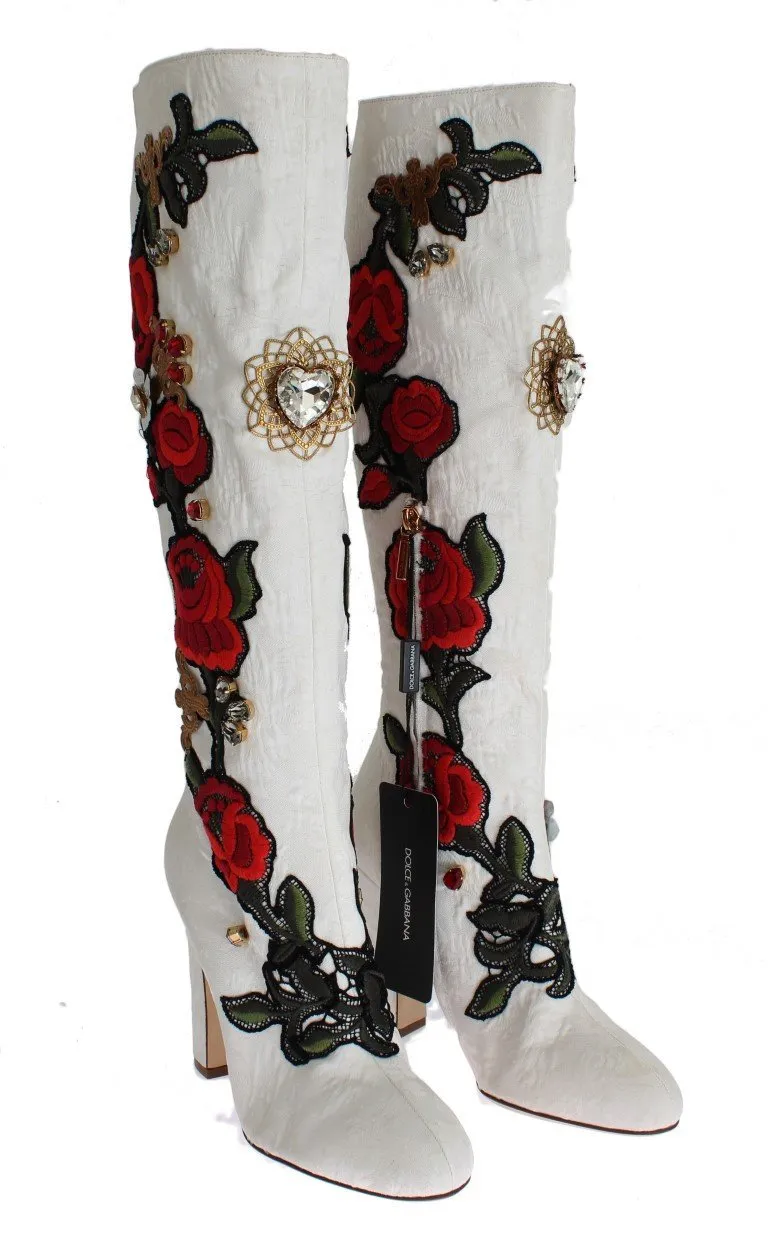 Roses Crystal Gold Heart Brocade Boots Shoes