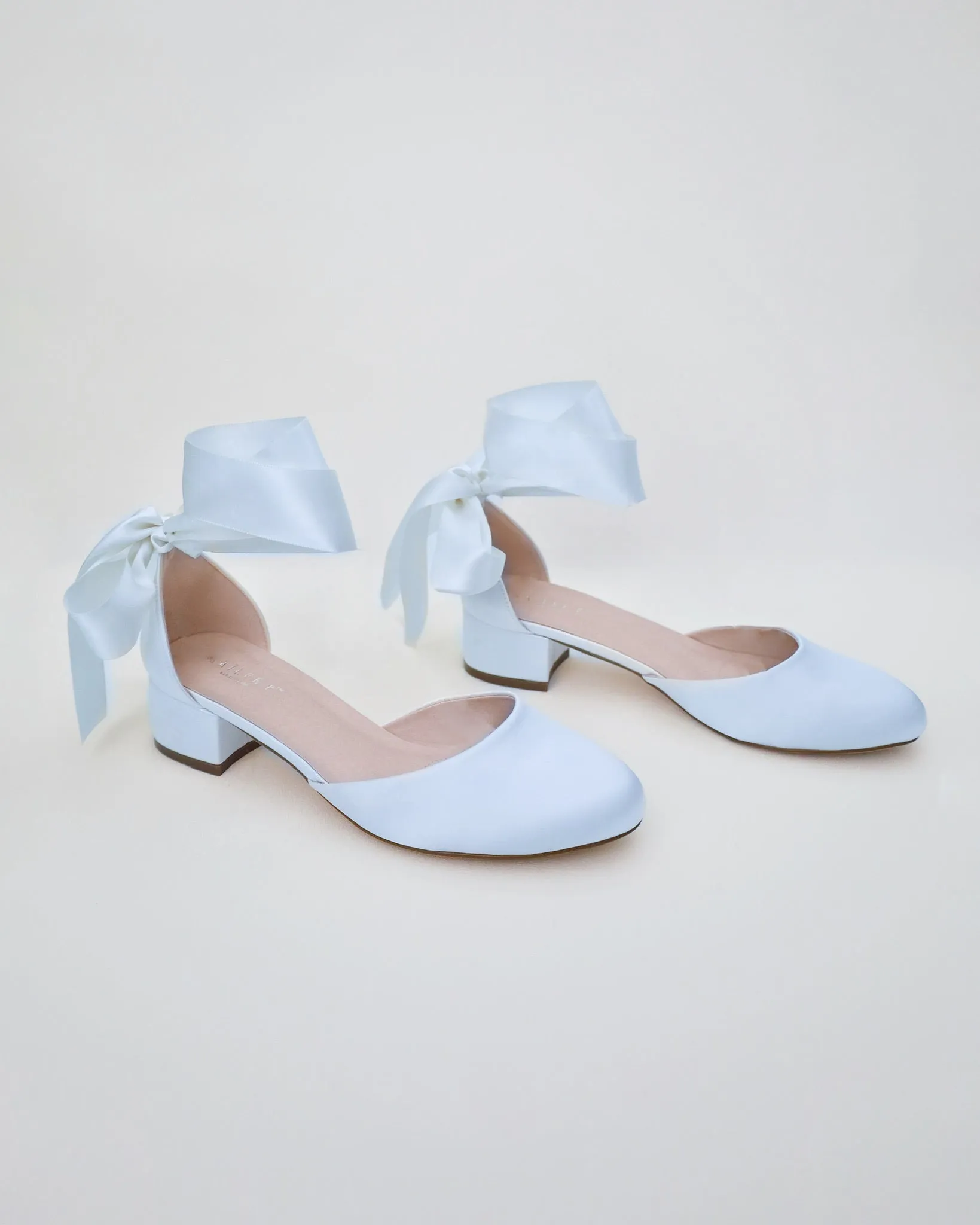 Round Toe Satin Block Heel with Wrapped Ribbon Tie