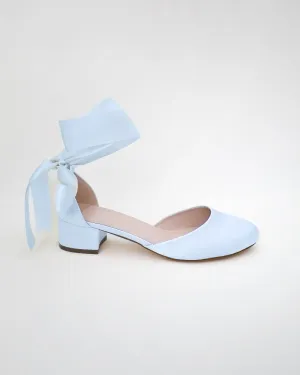 Round Toe Satin Block Heel with Wrapped Ribbon Tie