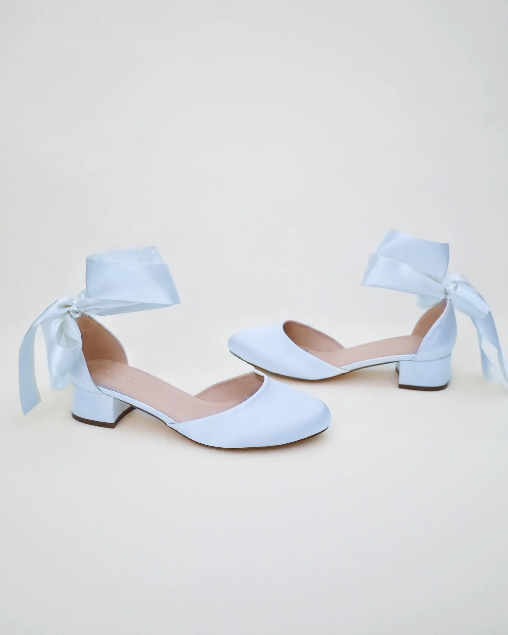 Round Toe Satin Block Heel with Wrapped Ribbon Tie