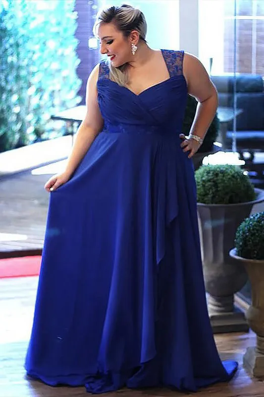Royal Blue Chiffon A Line Sleeveless Long Plus Size Prom Dresses With Lace OK666
