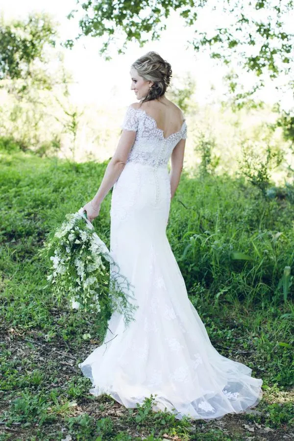Roycebridal White Off Shoulder Open Back Trumpet Lace Up Appliques Wedding Dresses, MW198