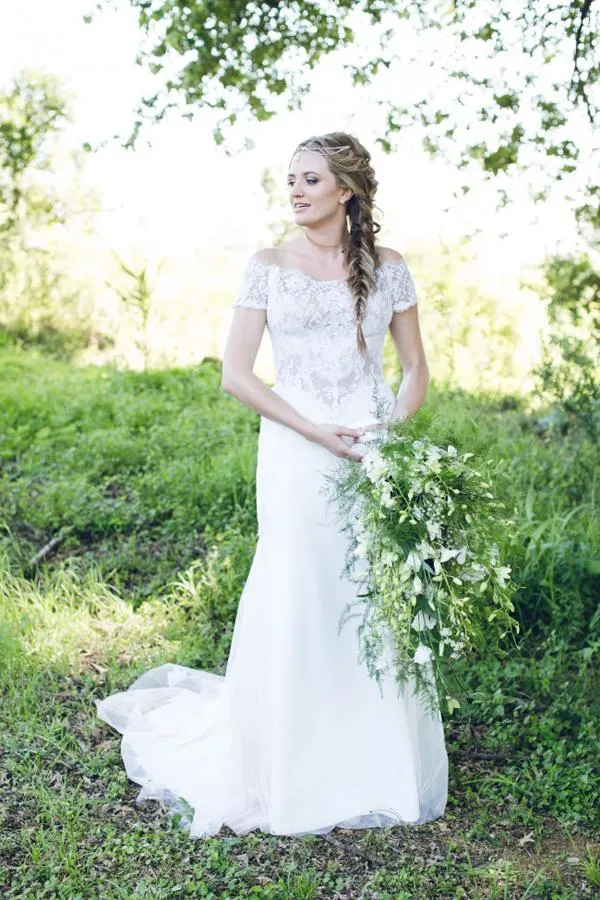 Roycebridal White Off Shoulder Open Back Trumpet Lace Up Appliques Wedding Dresses, MW198