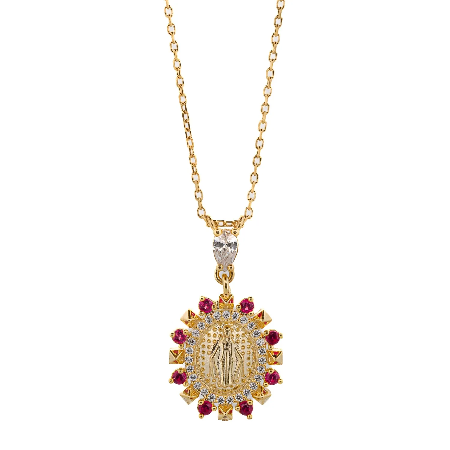 Ruby & Diamond Virgin Mary Pendant Gold Chain Necklace