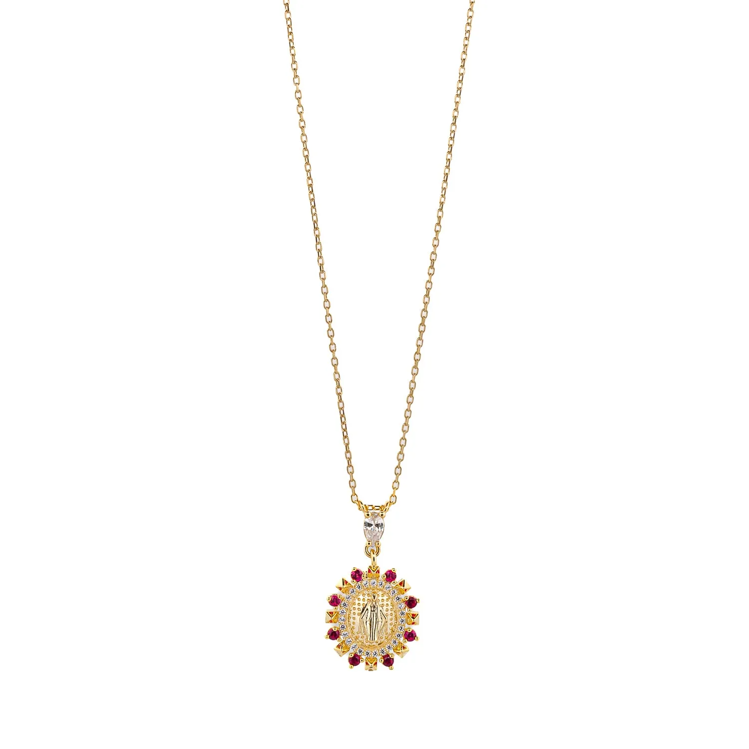 Ruby & Diamond Virgin Mary Pendant Gold Chain Necklace