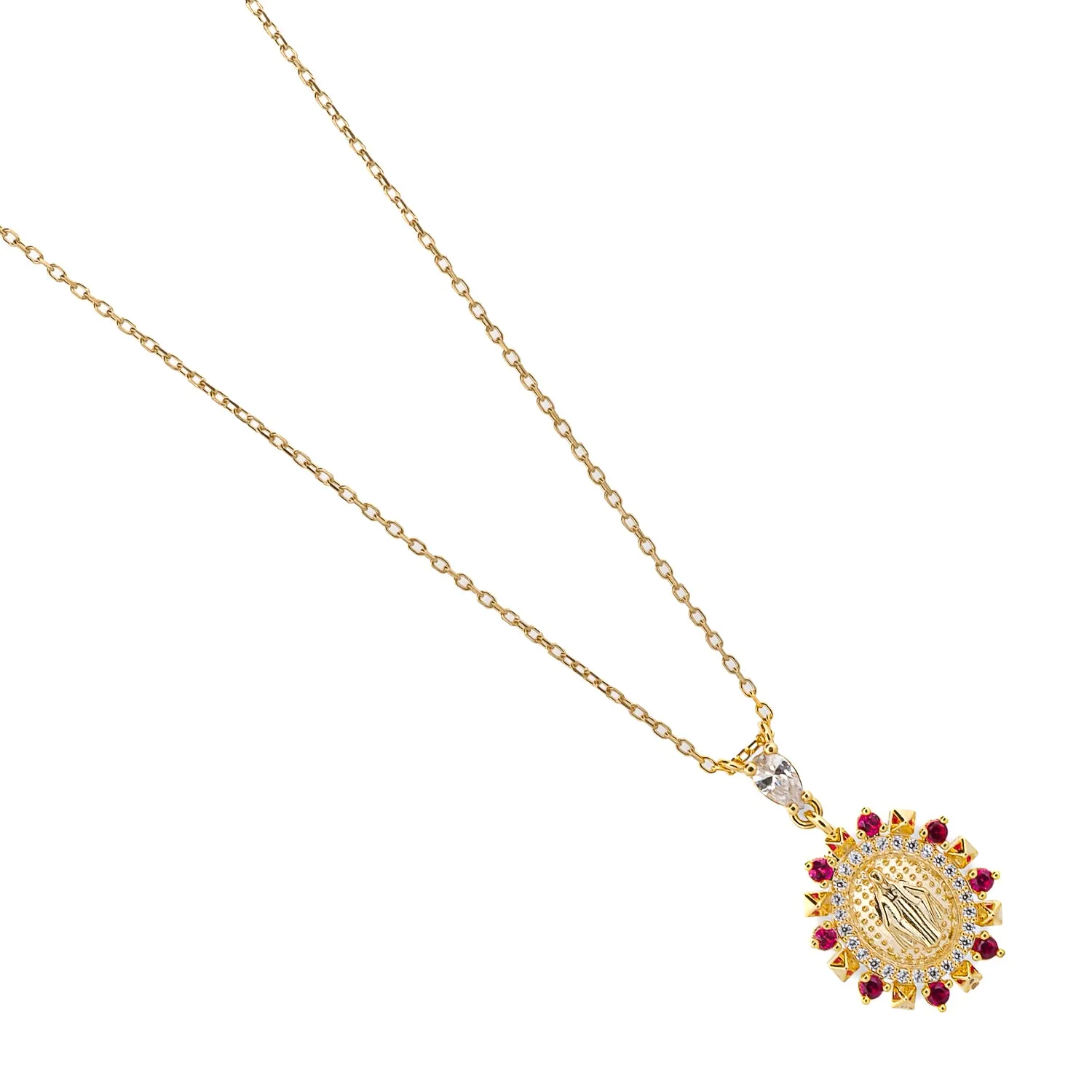 Ruby & Diamond Virgin Mary Pendant Gold Chain Necklace