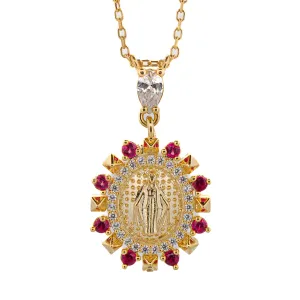 Ruby & Diamond Virgin Mary Pendant Gold Chain Necklace