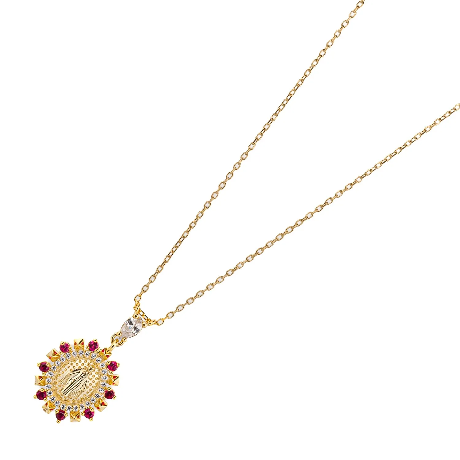 Ruby & Diamond Virgin Mary Pendant Gold Chain Necklace