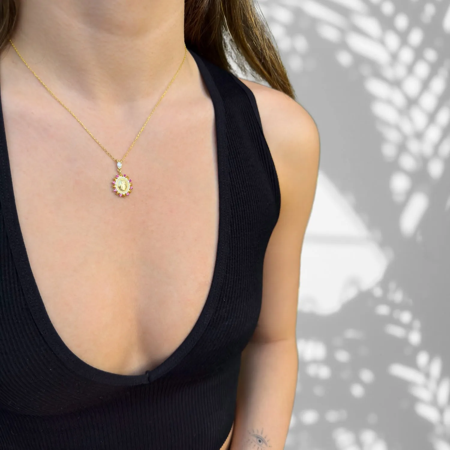 Ruby & Diamond Virgin Mary Pendant Gold Chain Necklace