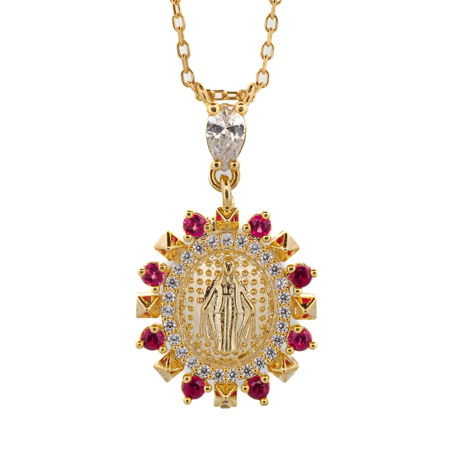 Ruby & Diamond Virgin Mary Pendant Gold Chain Necklace