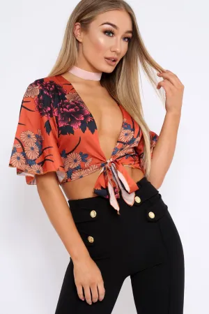 Rust Floral Print Satin Tie Crop Top - Kynslee