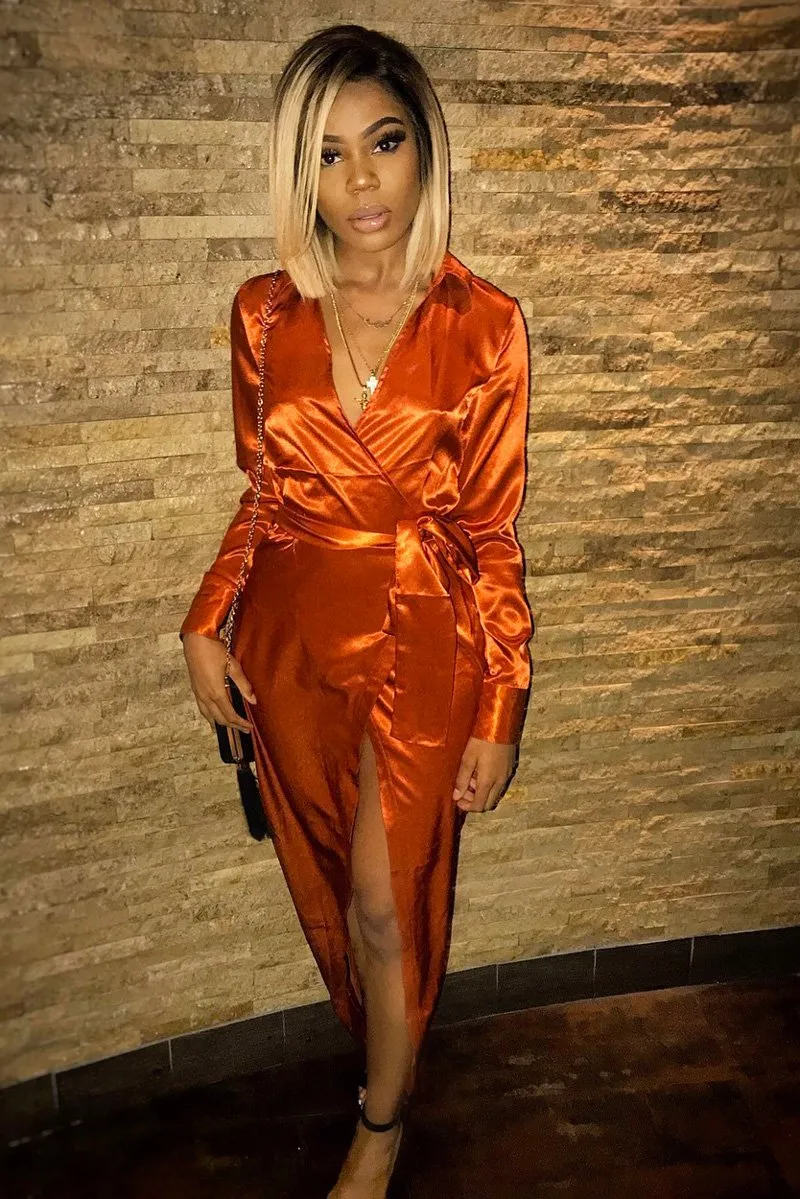 Rust Satin Plunge Wrap Front Maxi Dress - Beni
