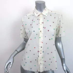 Saint Laurent Star Print Shirt Ivory Lightweight Wool Size 34 Short Sleeve Top
