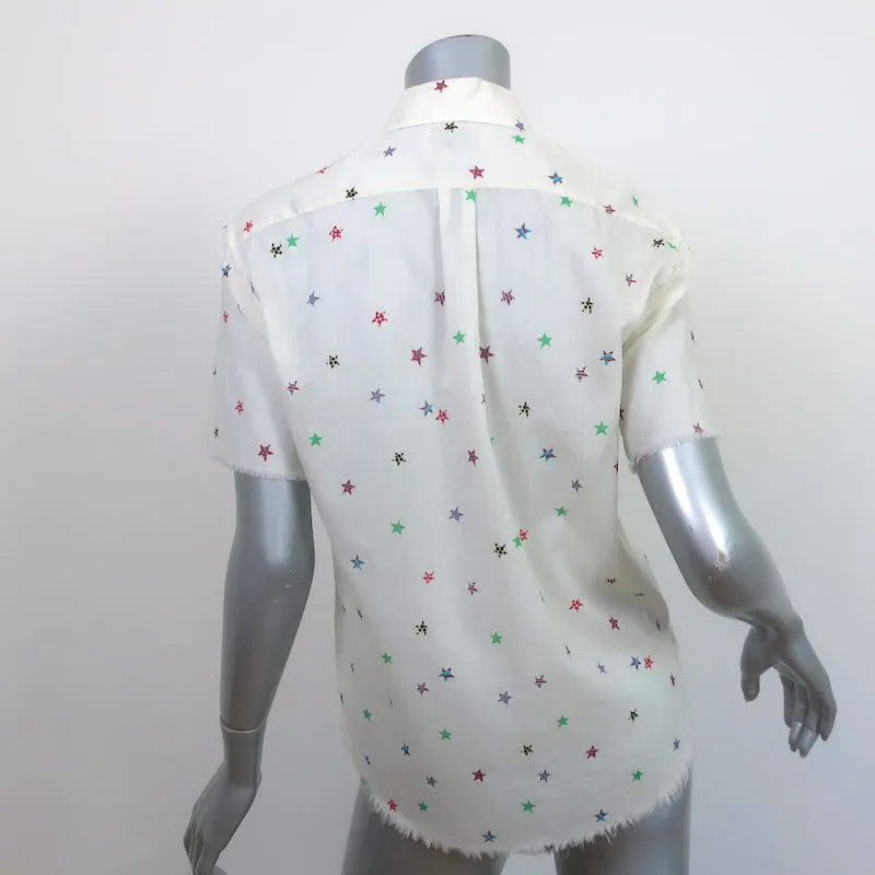 Saint Laurent Star Print Shirt Ivory Lightweight Wool Size 34 Short Sleeve Top