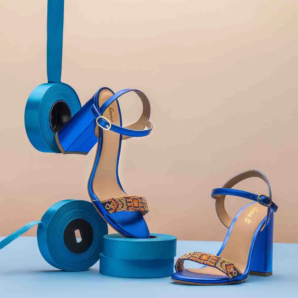 Saint Sierra Hand Embroidered Navy Metallic Leather Block Heels